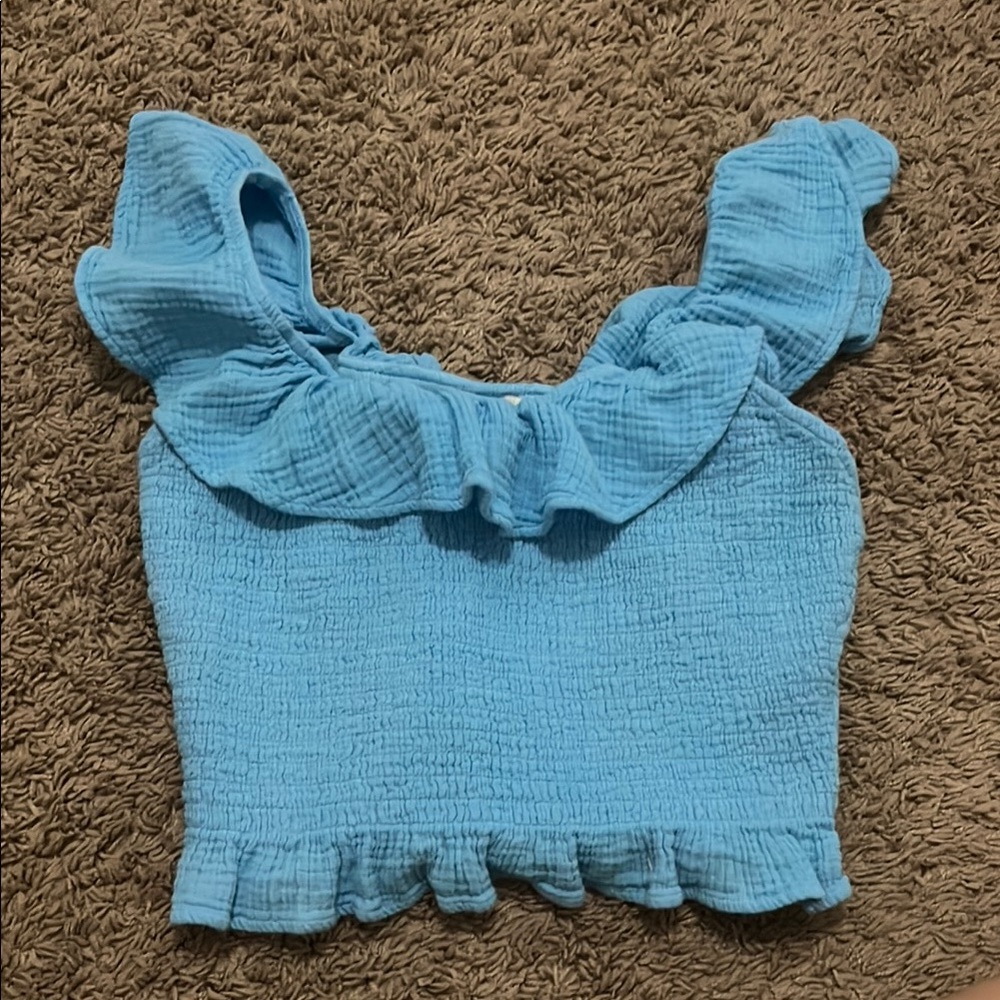 American Eagle Outfitters Blue Flutter Sleeve Crop Top